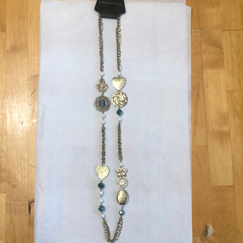 NWT Stephan & Co. Designer Ling Statement Necklace GoldTone Locket Beads Cameo